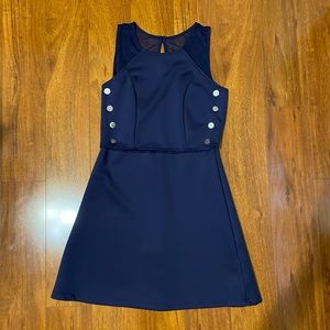 Navy Scuba Dress with Mesh & Button Detail